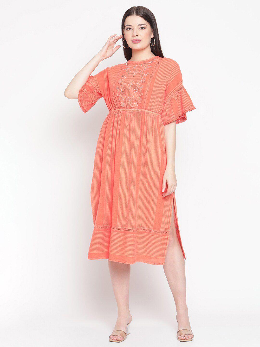 amagyaa striped bell sleeve embroidered pure cotton a-line midi dress