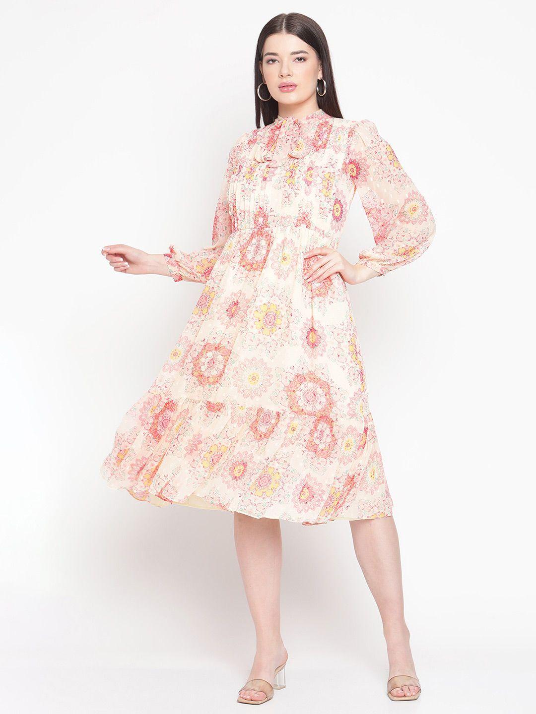 amagyaa floral printed tie-up neck gathered tiered a-line midi dress