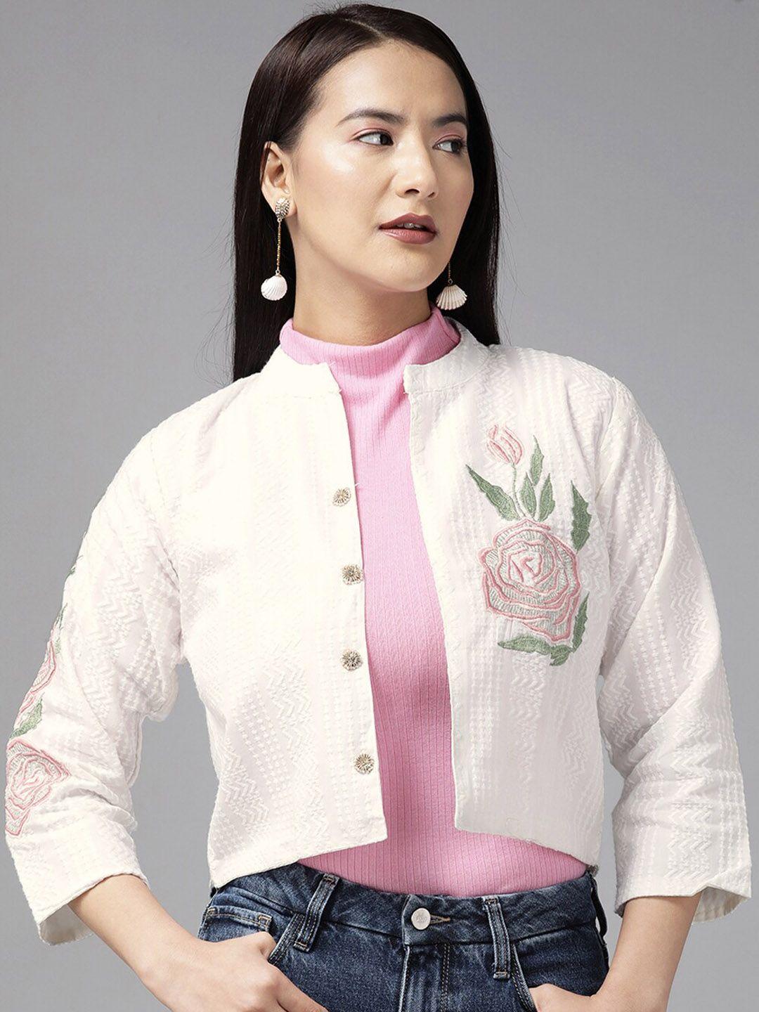 baesd self design floral embroidered mandarin collar cotton crop open front jacket