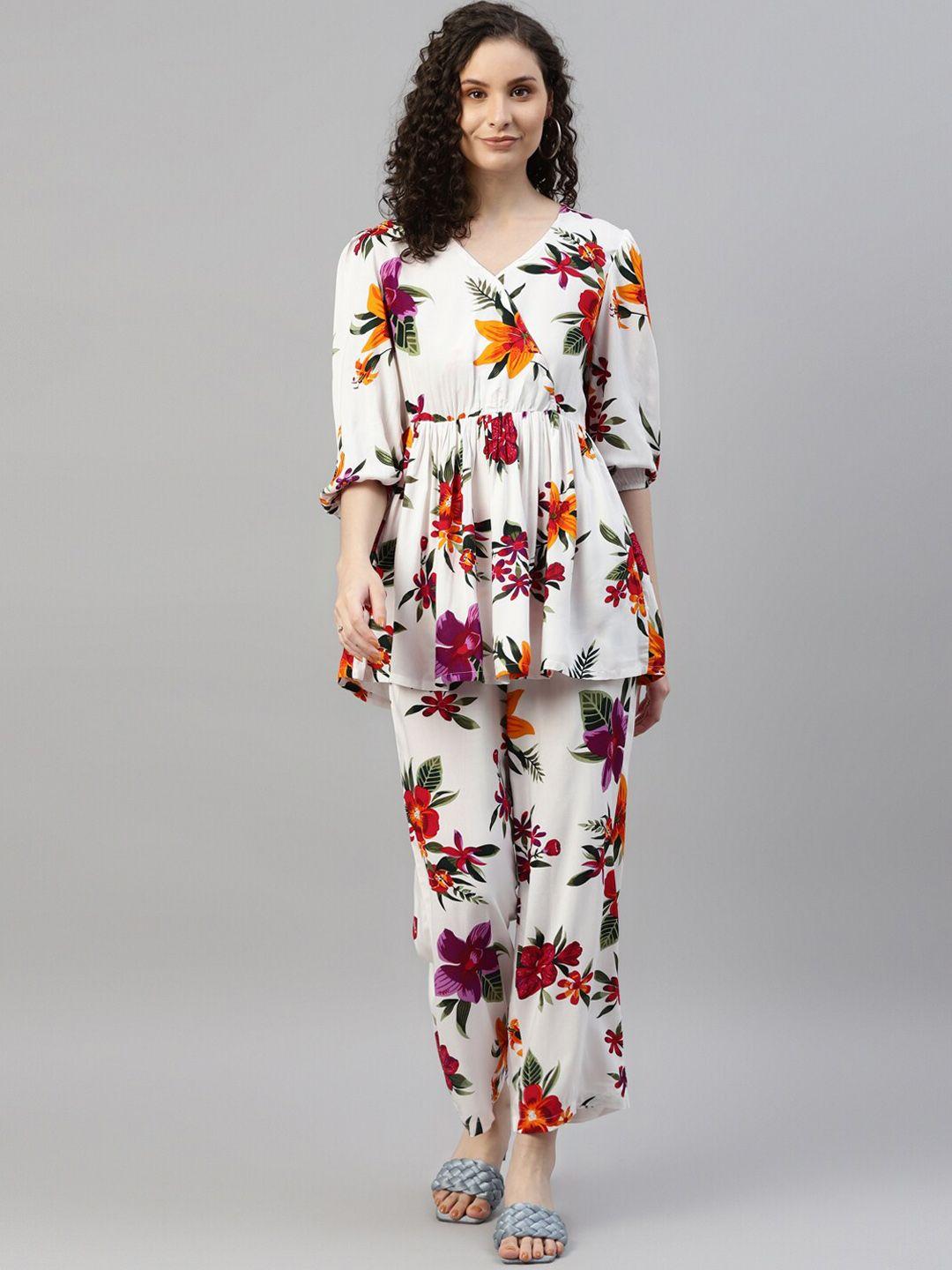 deebaco floral printed peplum tunic with trousers