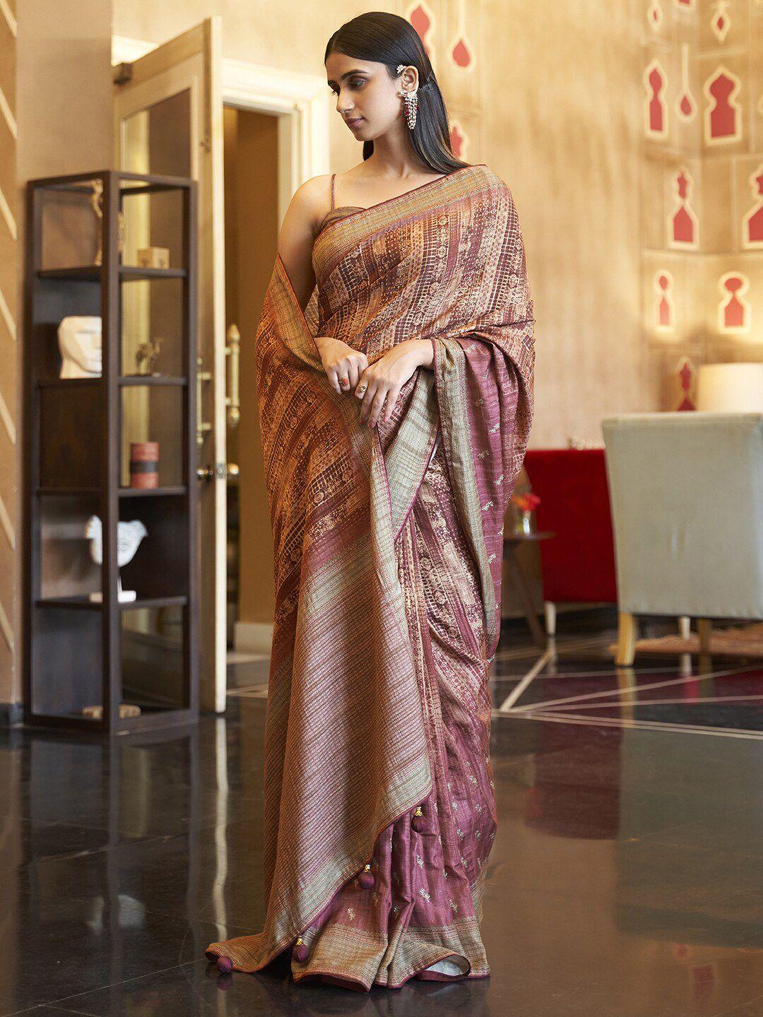 anouk pink abstract printed zari silk blend saree