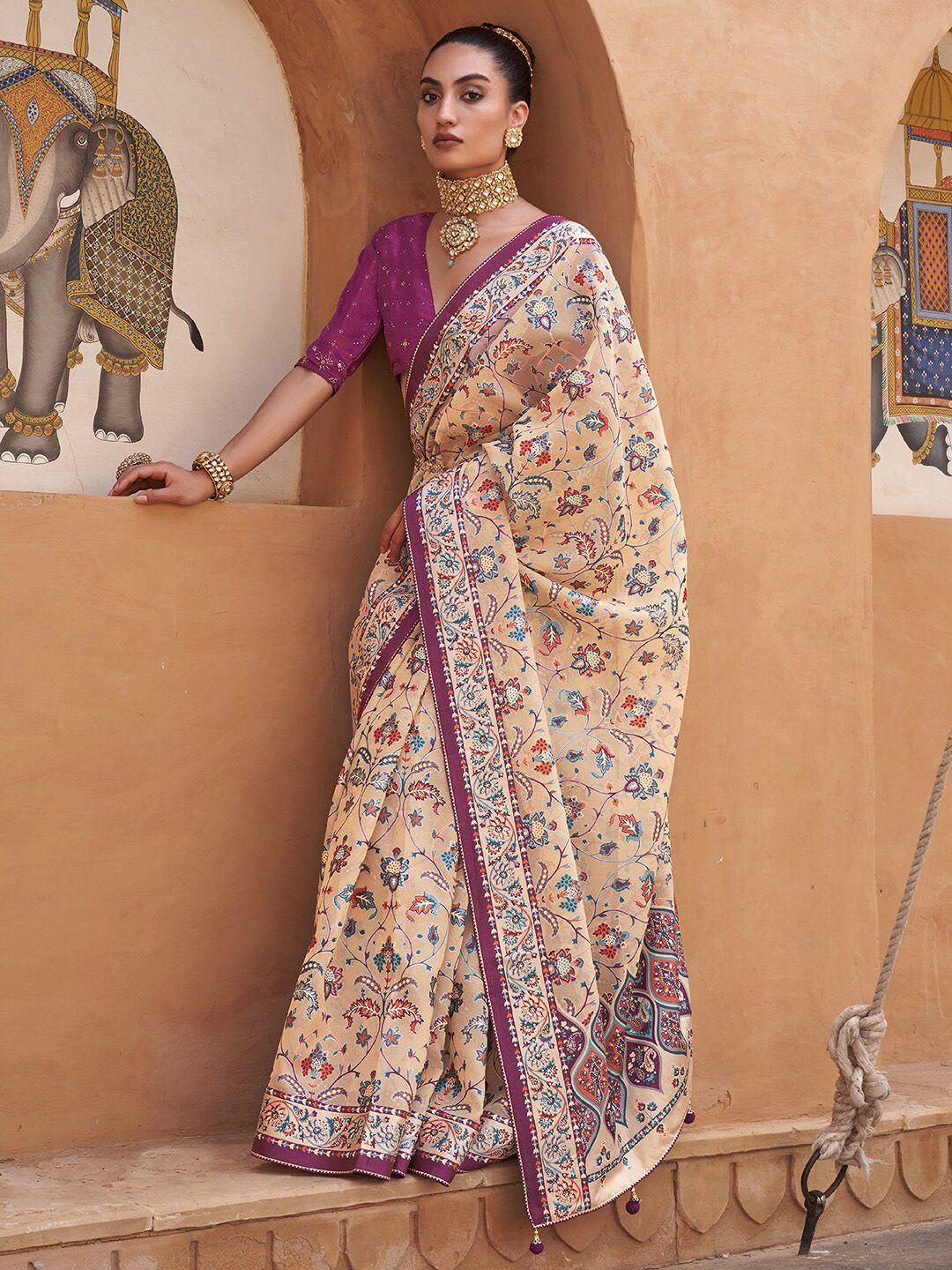 anouk cream & purple ethnic motifs printed zari organza banarasi saree