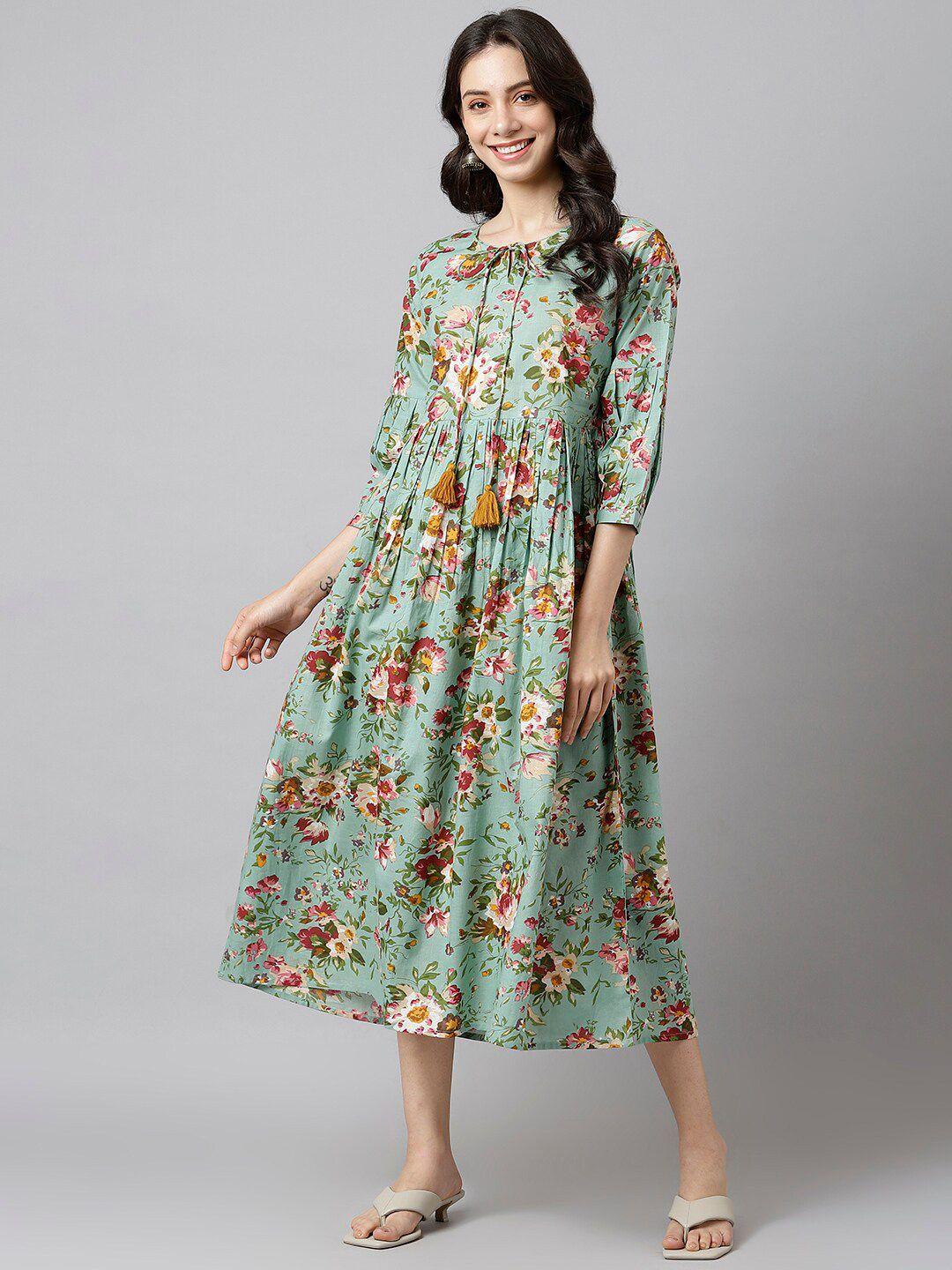 kalini floral printed tie-up neck cotton a-line midi dress