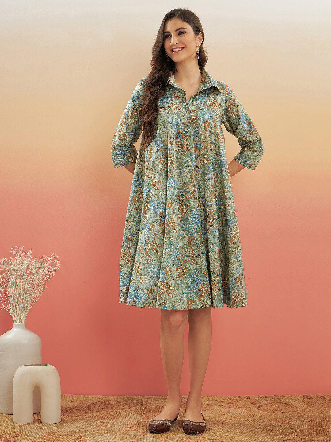 inweave floral printed shirt collar a-line dress