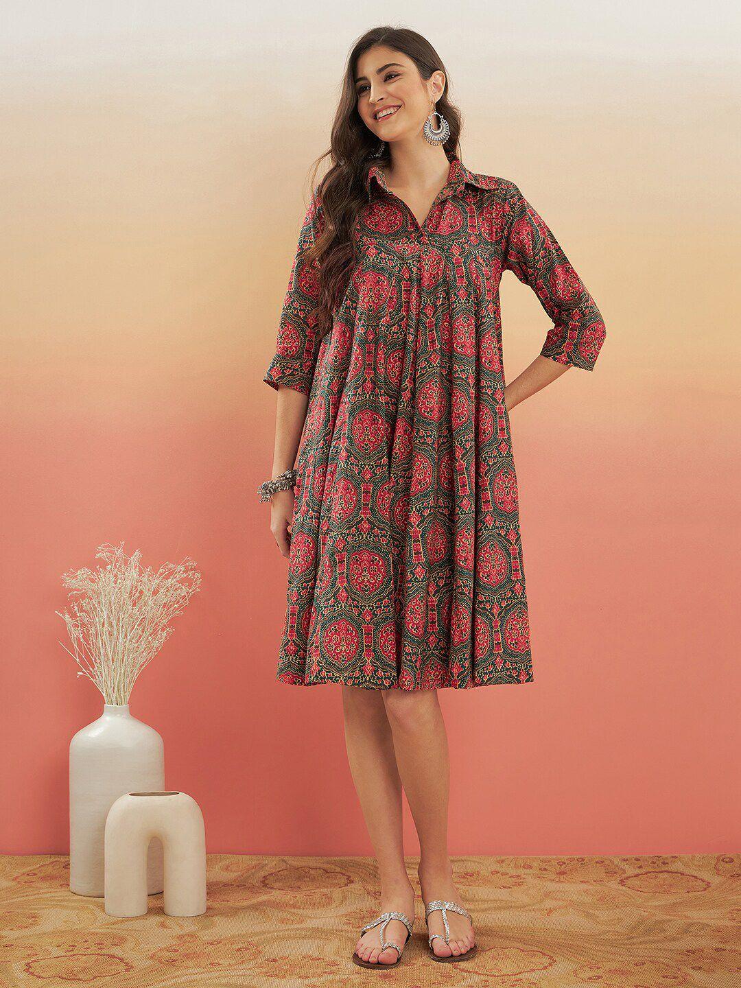 inweave ethnic motifs printed shirt collar gathered a-line dress