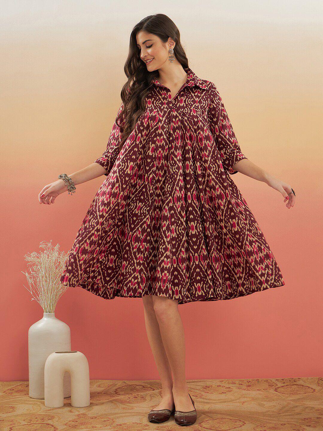 inweave ethnic motifs printed shirt collar gather a-line dress