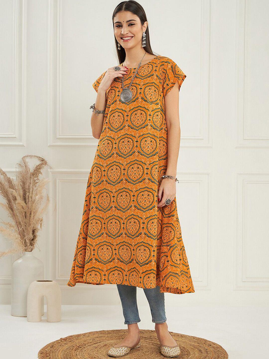 inweave yellow ethnic motifs printed cap sleeve regular kurta