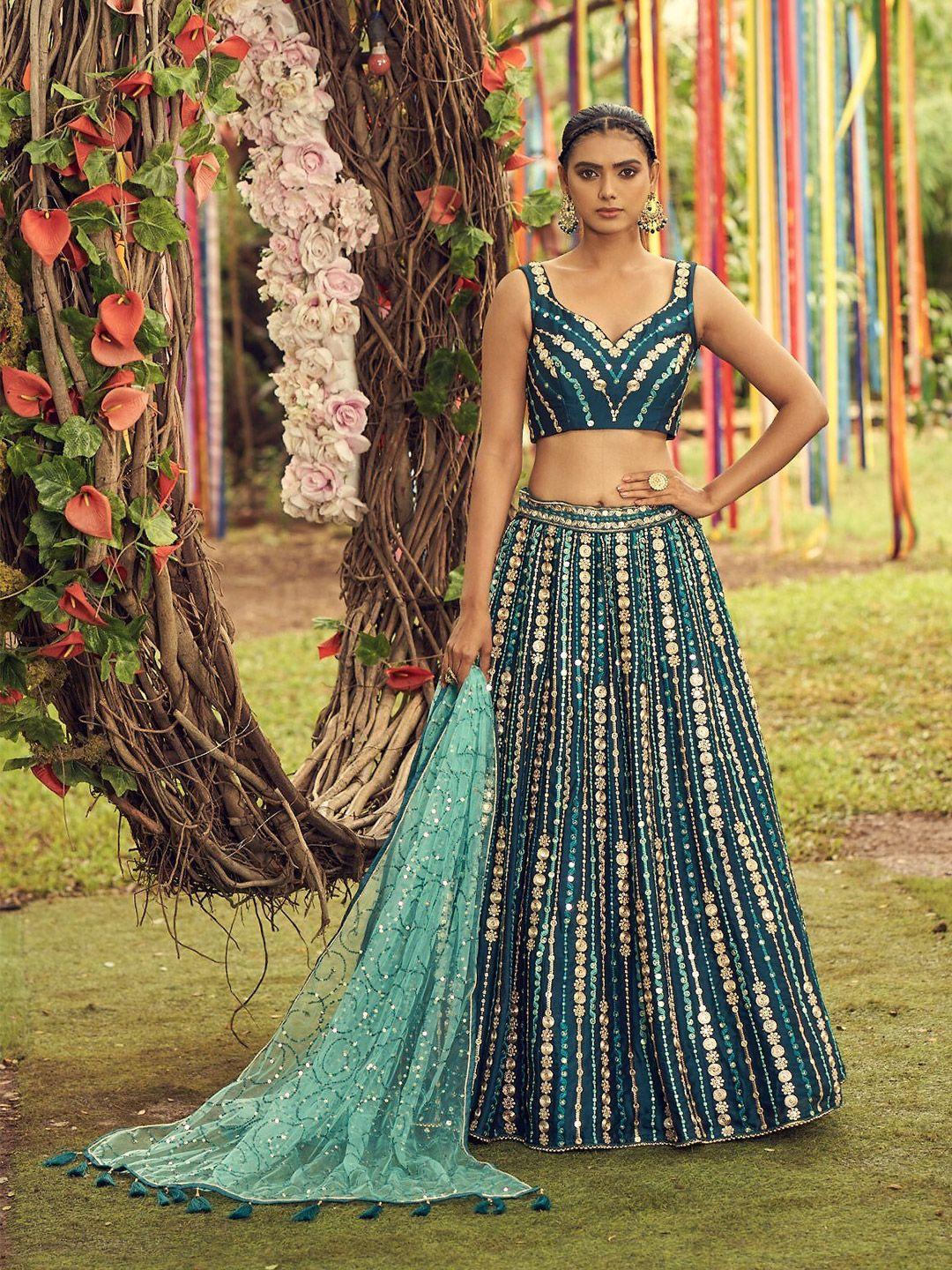 panchhi embroidered sequinned semi-stitched lehenga & unstitched blouse with dupatta