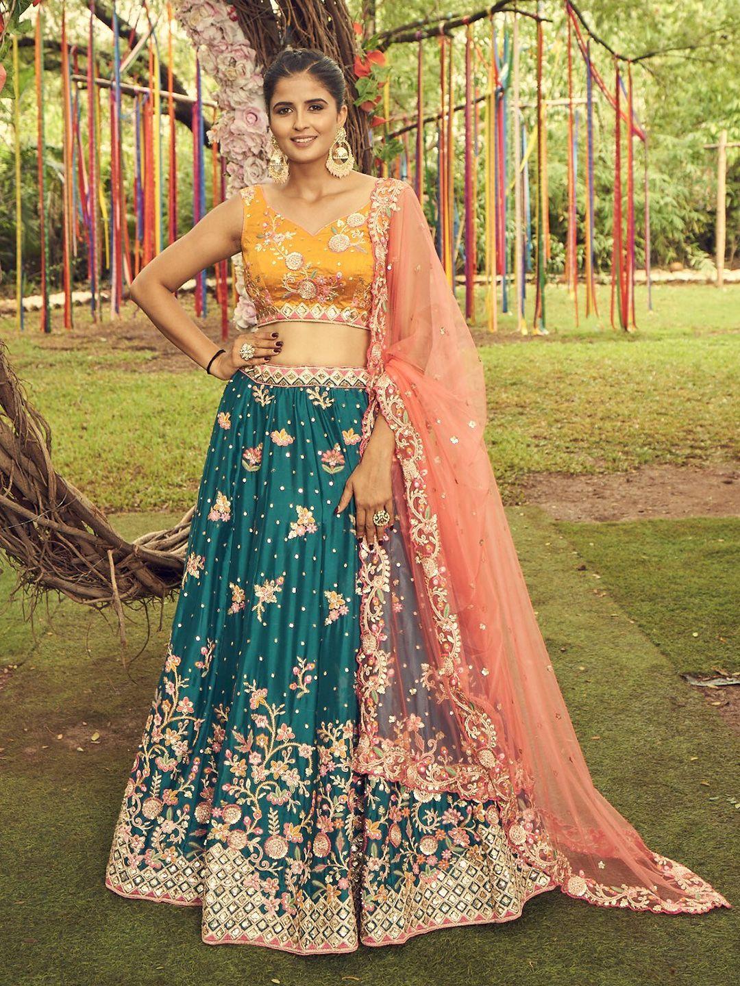 panchhi embroidered sequinned semi-stitched lehenga & unstitched blouse with dupatta