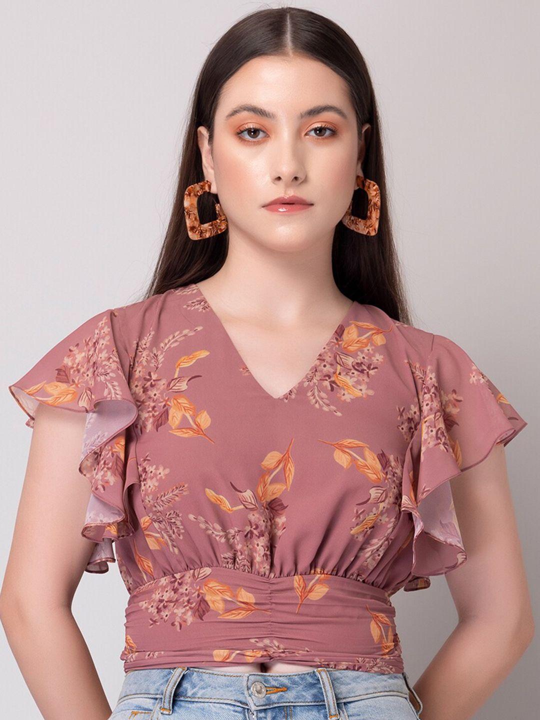 faballey pink floral printed flutter sleeves gathered cinched waist crop top