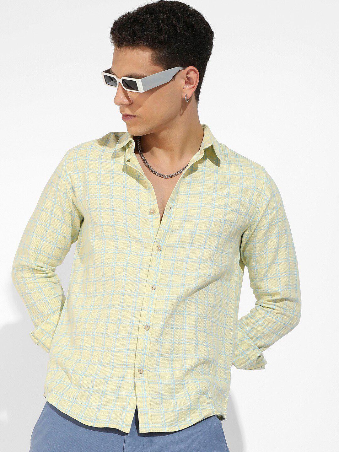 campus sutra yellow classic opaque tartan checked cotton casual shirt