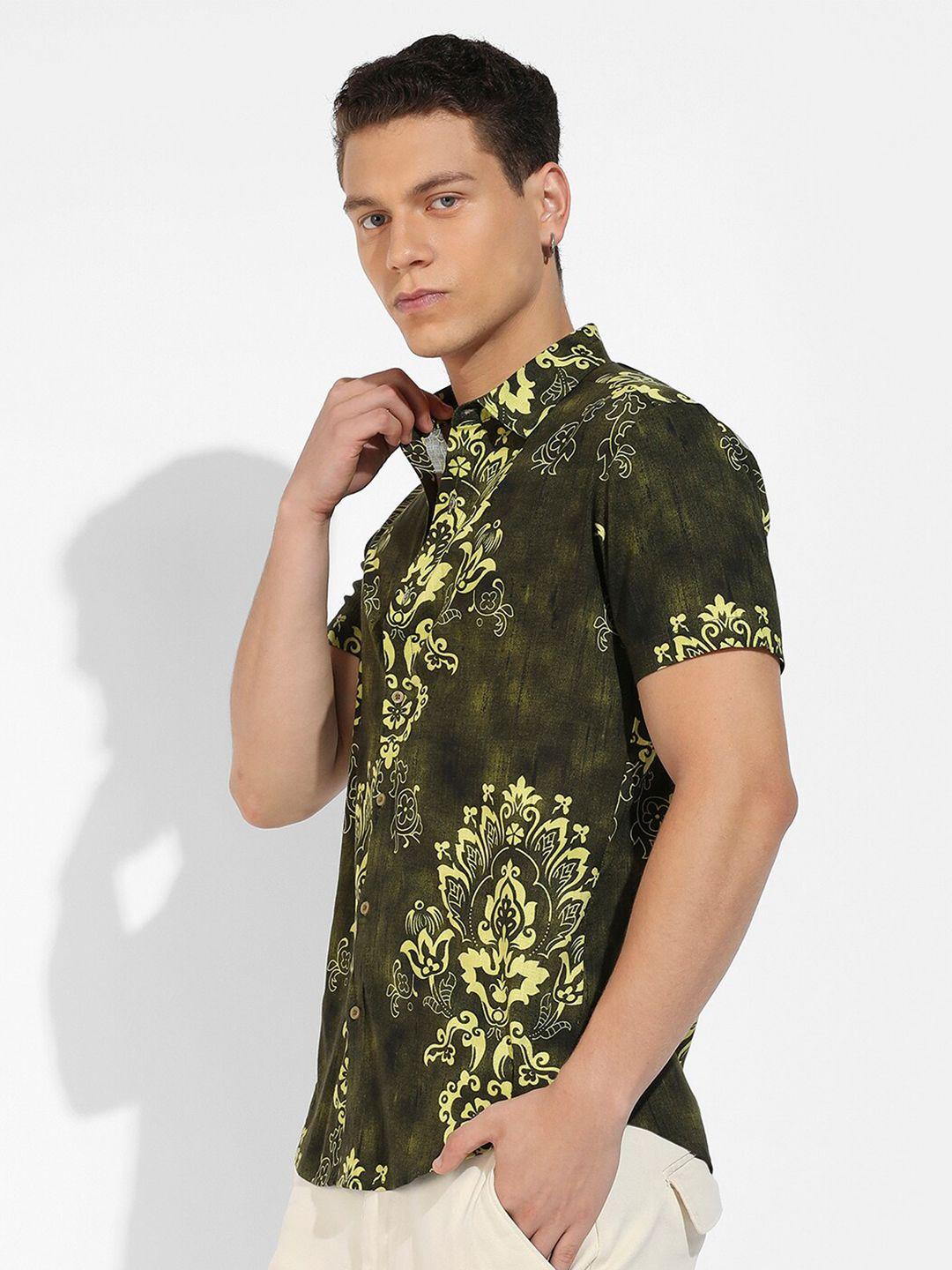 campus sutra green classic ethnic motif printed casual shirt