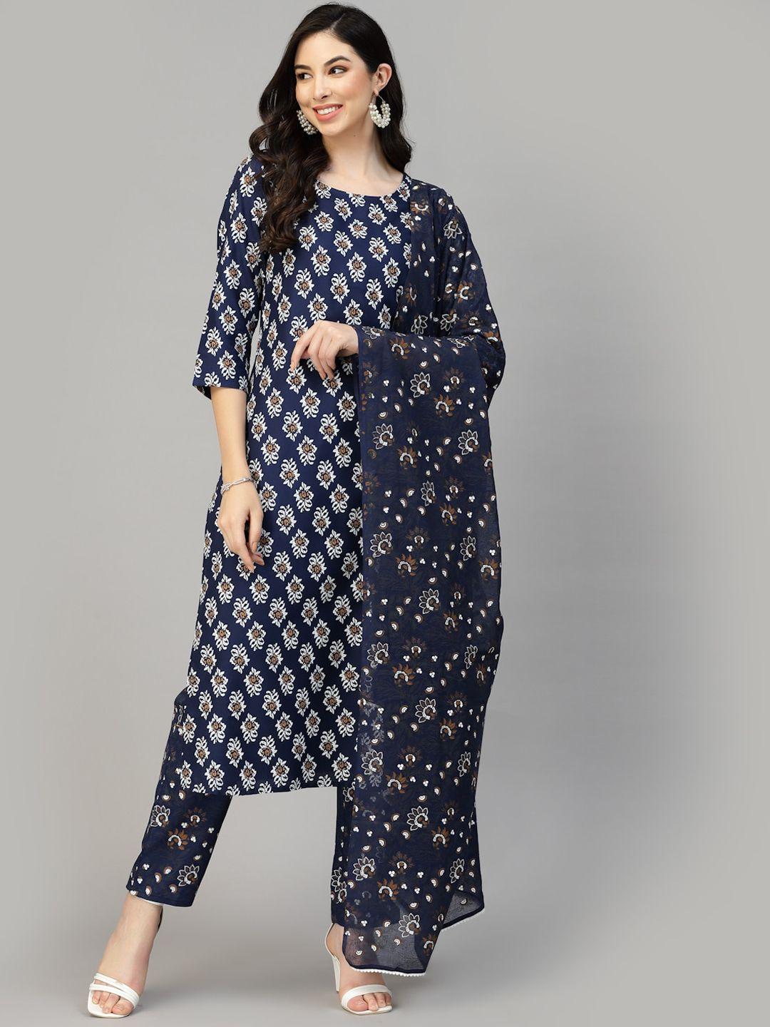 stylum navy blue & white floral printed regular kurta with trousers & dupatta