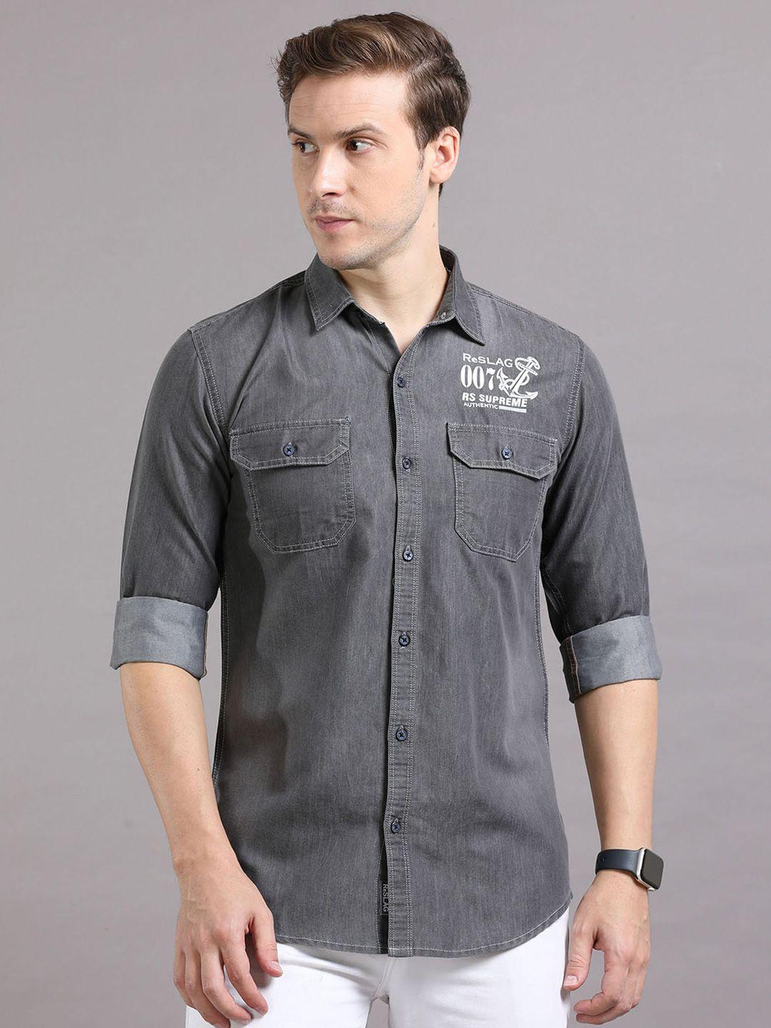 reslag typography printed denim casual shirt