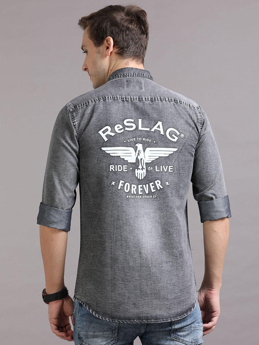 reslag typography printed denim casual shirt