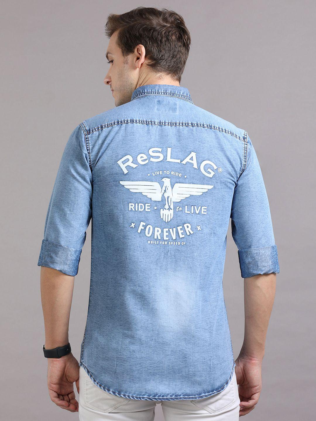 reslag typography printed casual denim shirt