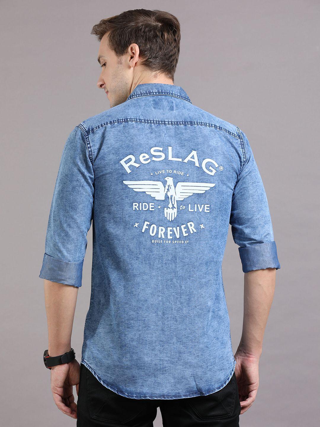 reslag typography printed faded casual denim shirt