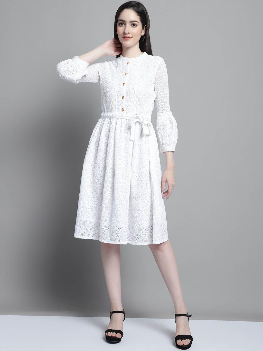 tulsattva self design mandarin collar belted pure cotton a-line dress