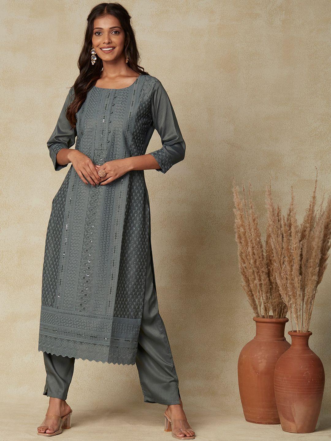 fashor ethnic embroidered sequinned round neck straight kurta