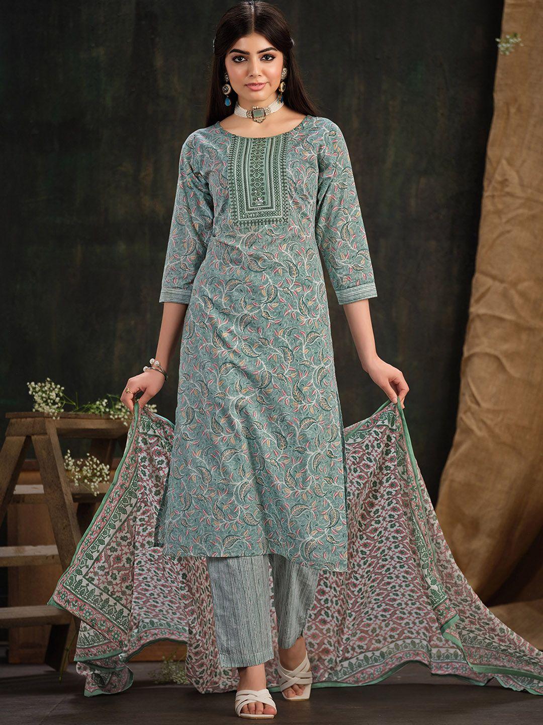 sangria sea green floral printed pure cotton straight kurta & trouser with dupatta