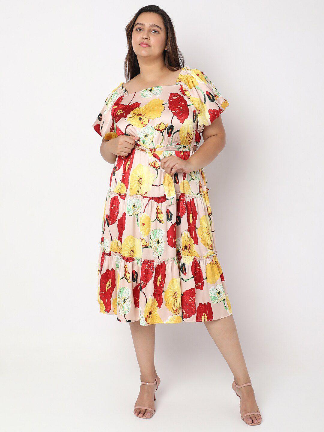 vero moda curve floral printed tiered gather fit & flare midi dress with belt