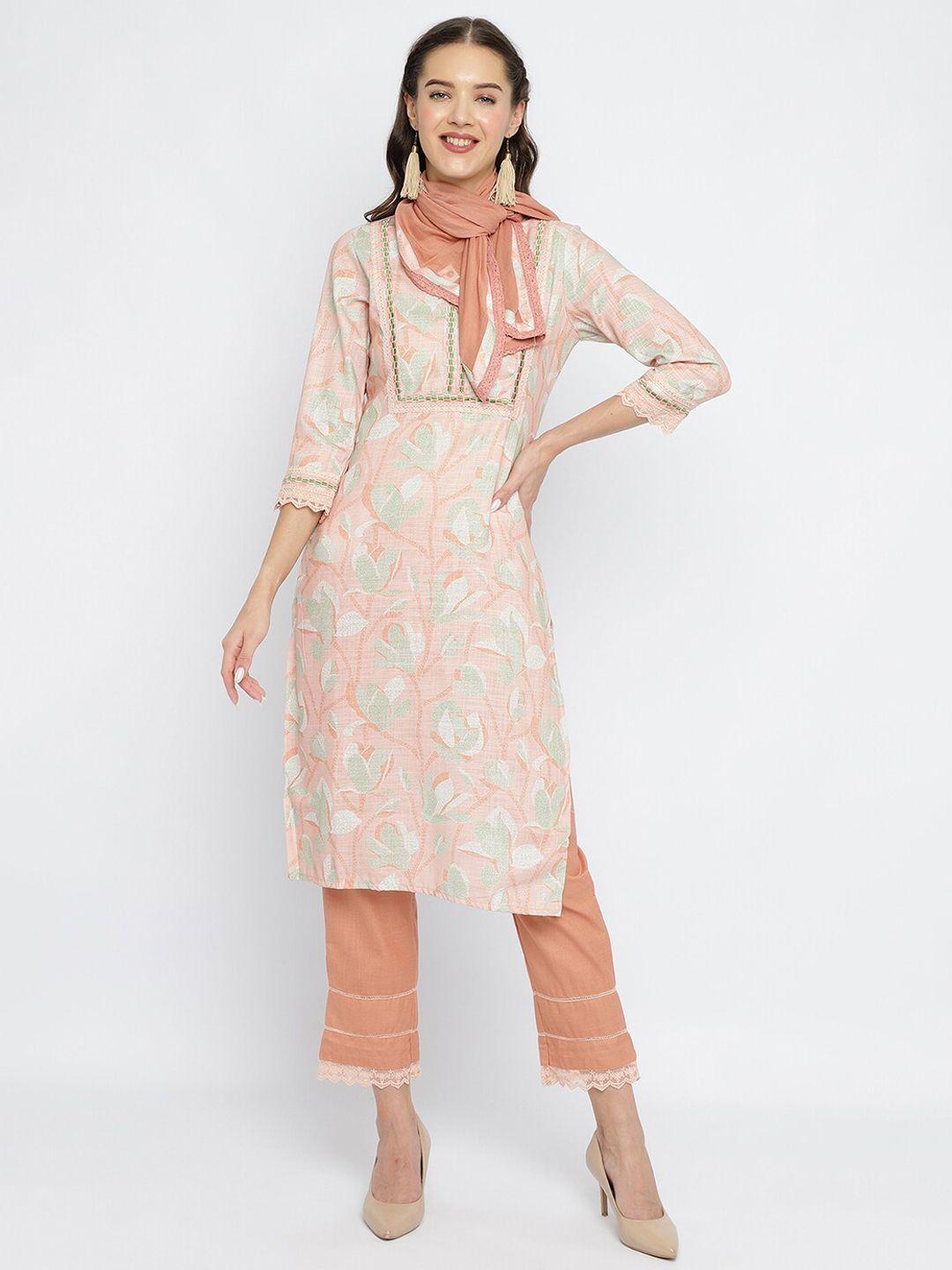 be indi floral printed thread work linen kurta with trousers & dupatta