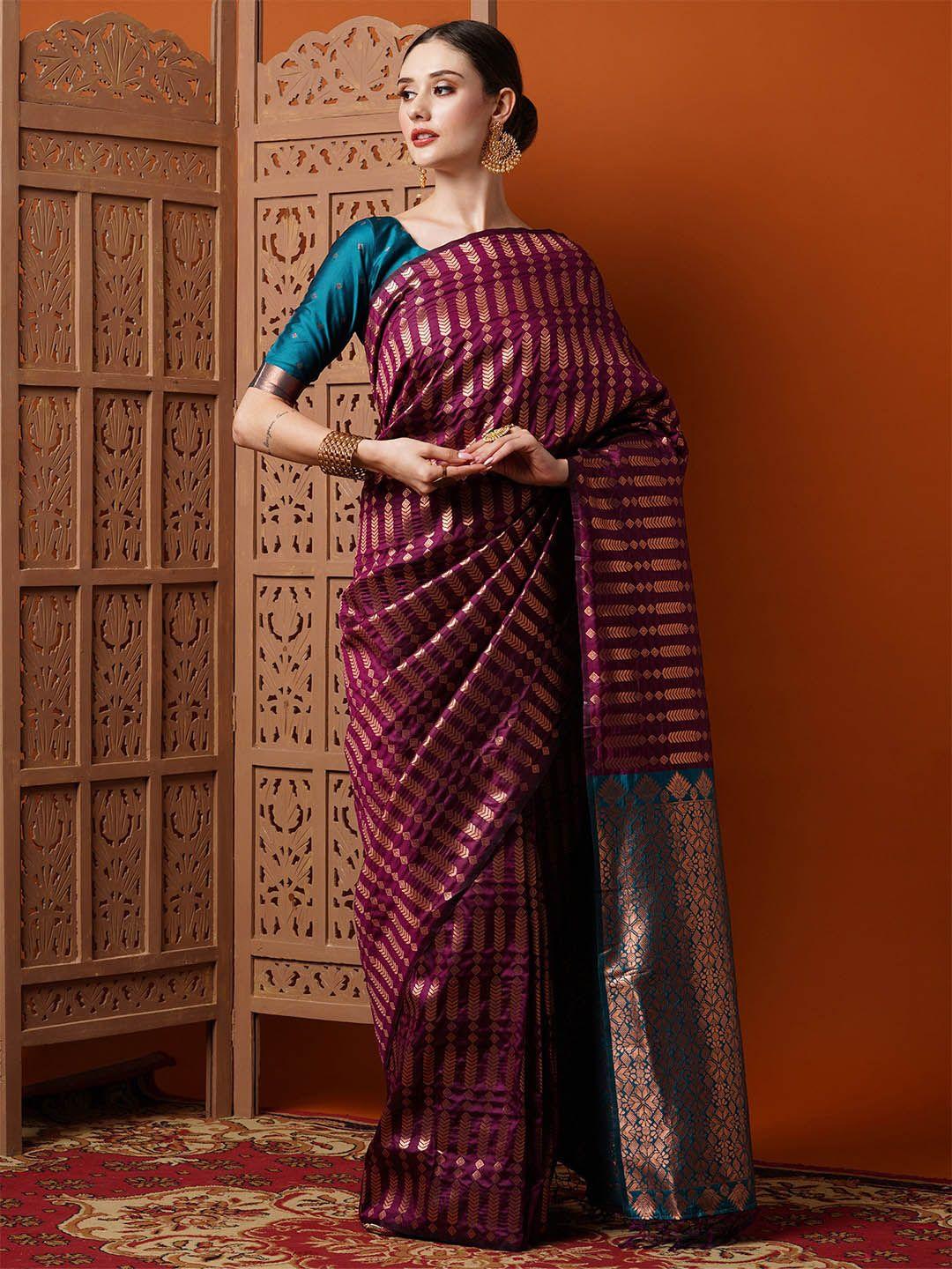 anouk magenta & blue ethnic motifs silk blend banarasi saree