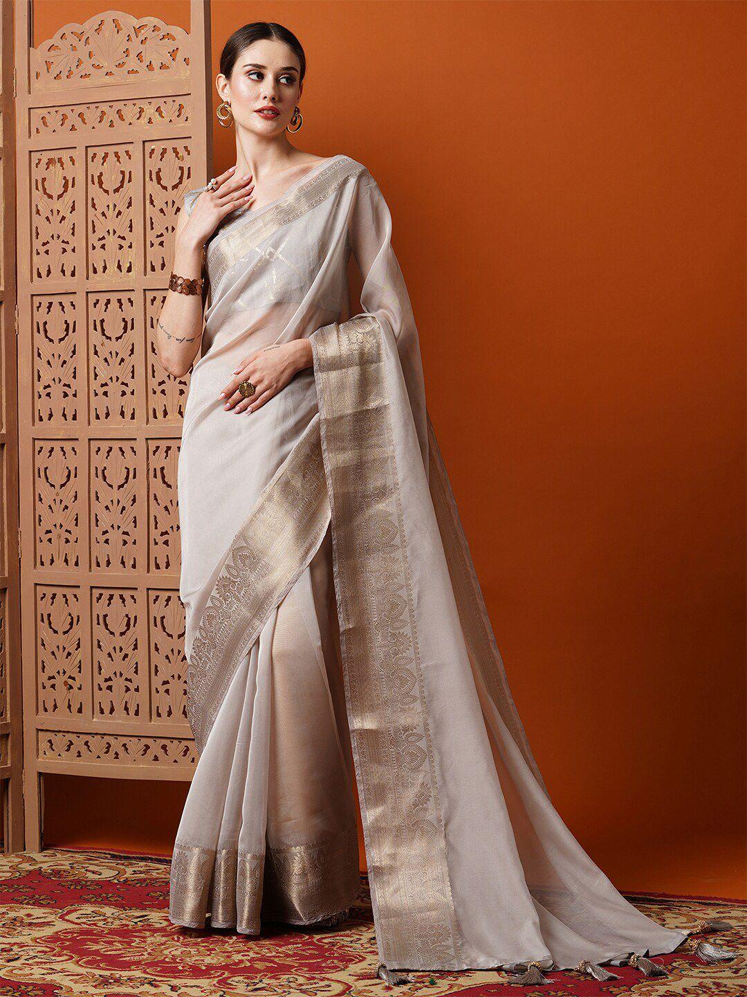 anouk grey & gold-toned woven design zari organza saree