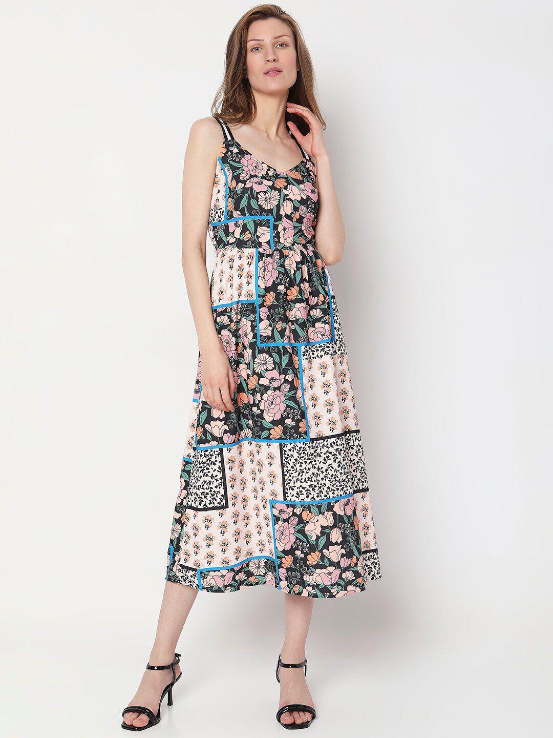 vero moda floral printed v-neck smocked a-line midi dress