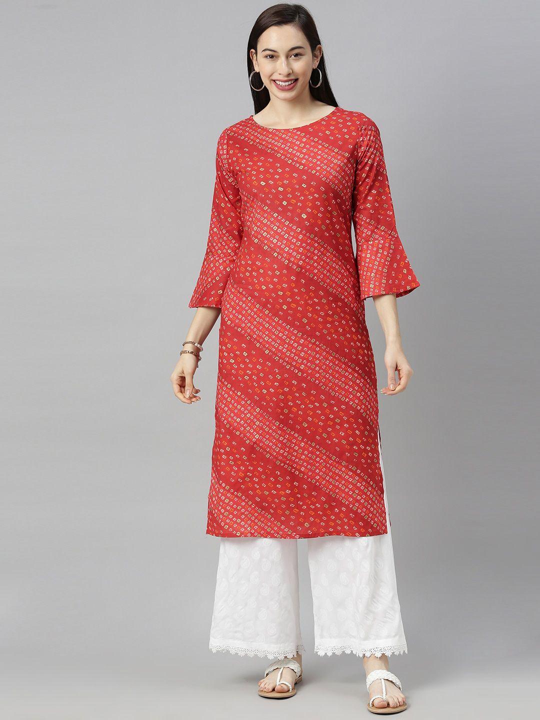 kalini bandhani printed flared sleeves cotton straight kurta