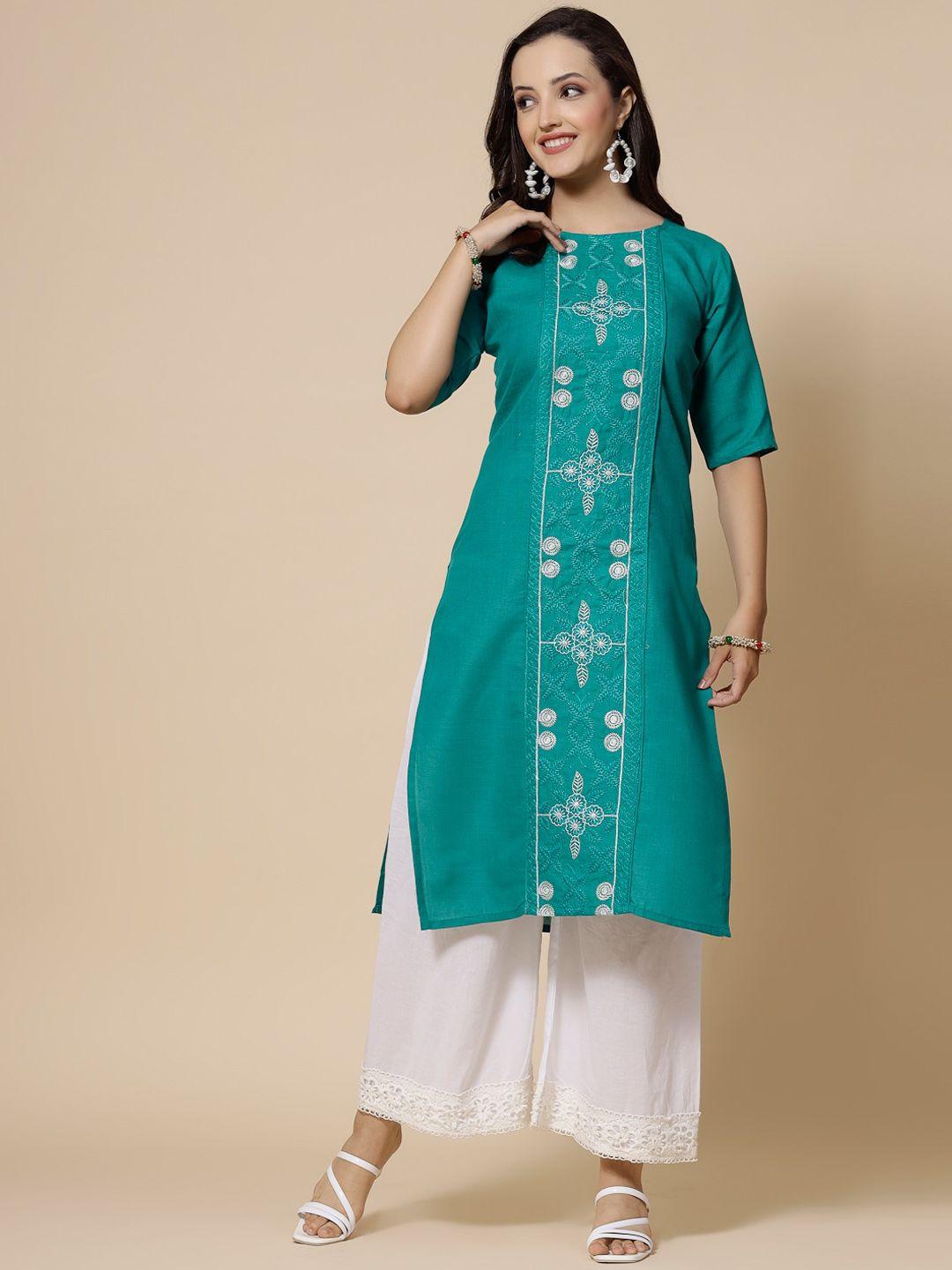 kalini women teal embroidered keyhole neck thread work kurta