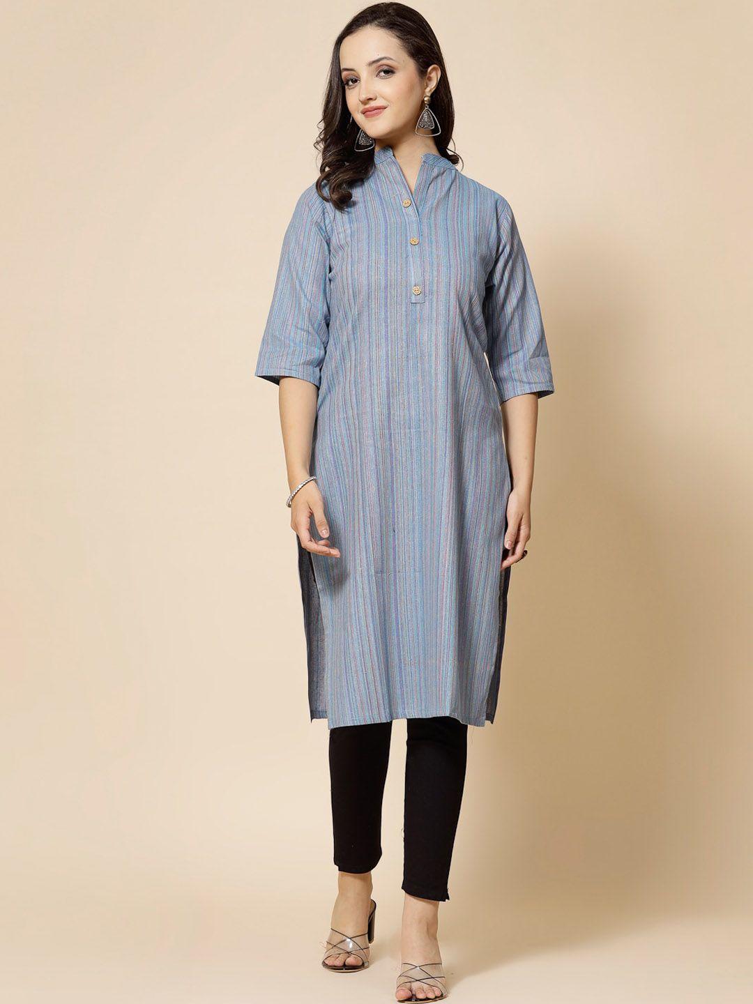 kalini women navy blue striped thread work kurta