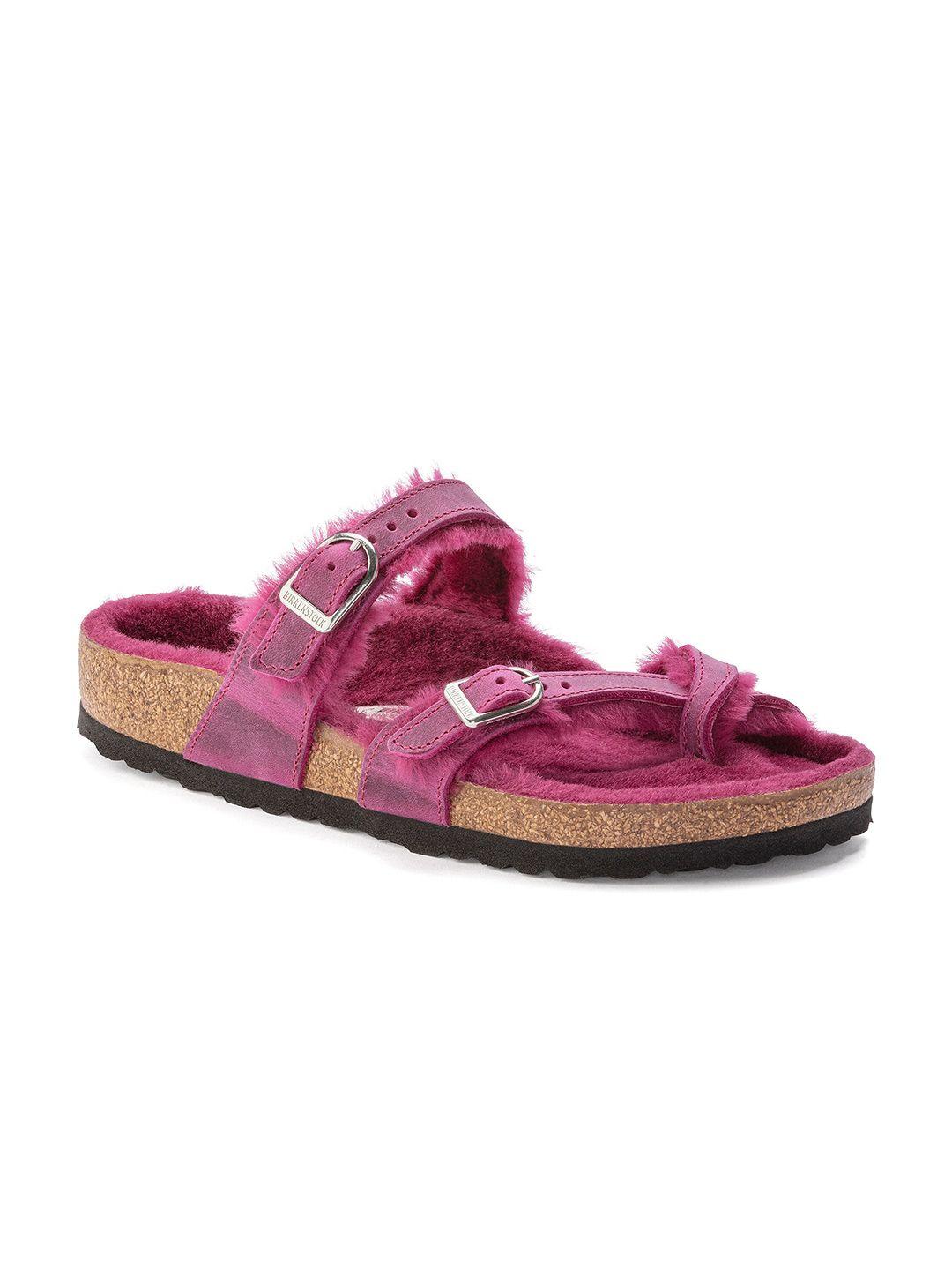 birkenstock mayari shearling narrow width multi-strap one toe flats