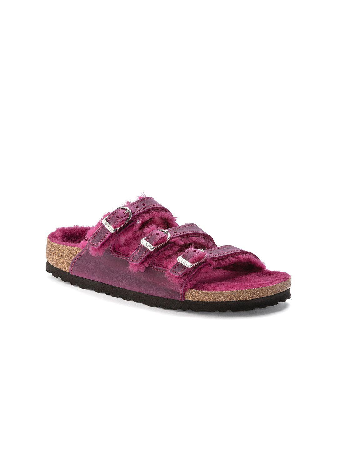 birkenstock florida fresh shearling narrow width oiled leather multi-strap open toe flats