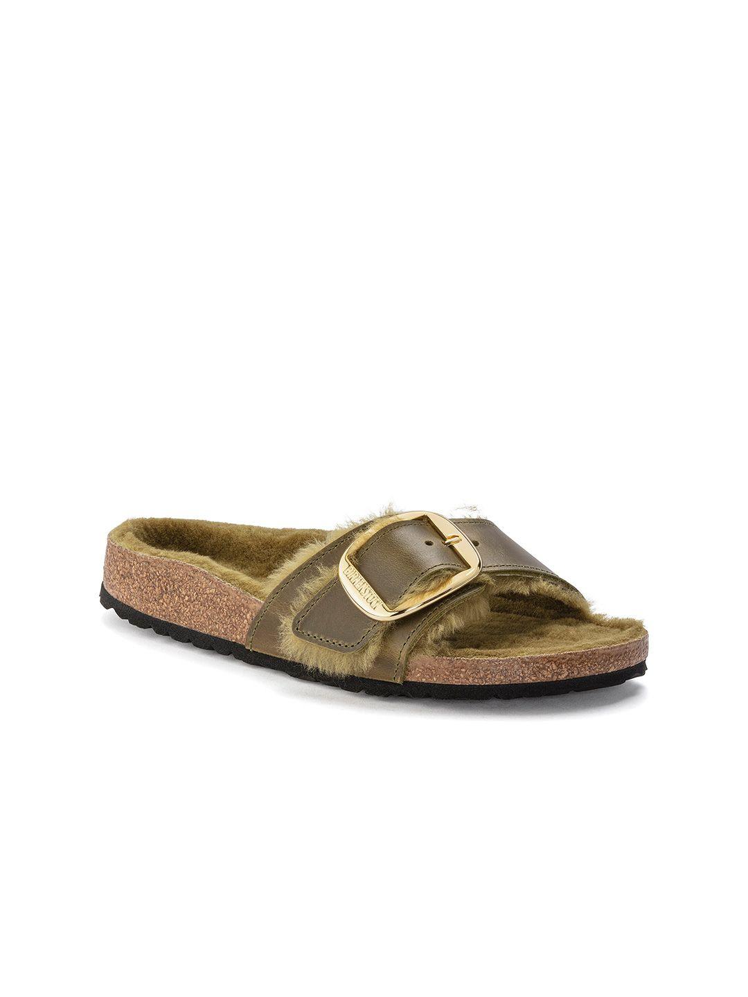 birkenstock madrid big buckle shearling narrow width women one-strap open toe flats