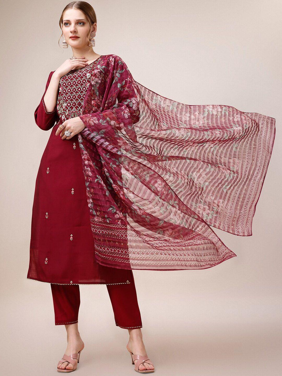 berrylicious yoke design embroidered chanderi cotton kurta with trousers & with dupatta