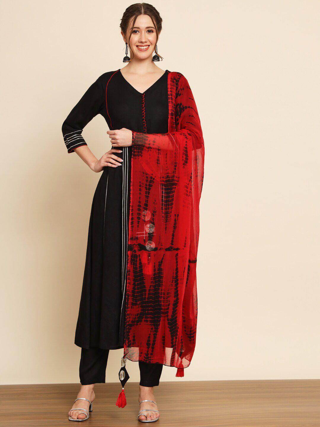 meeranshi striped v-neck empire kurta with trousers & with dupatta