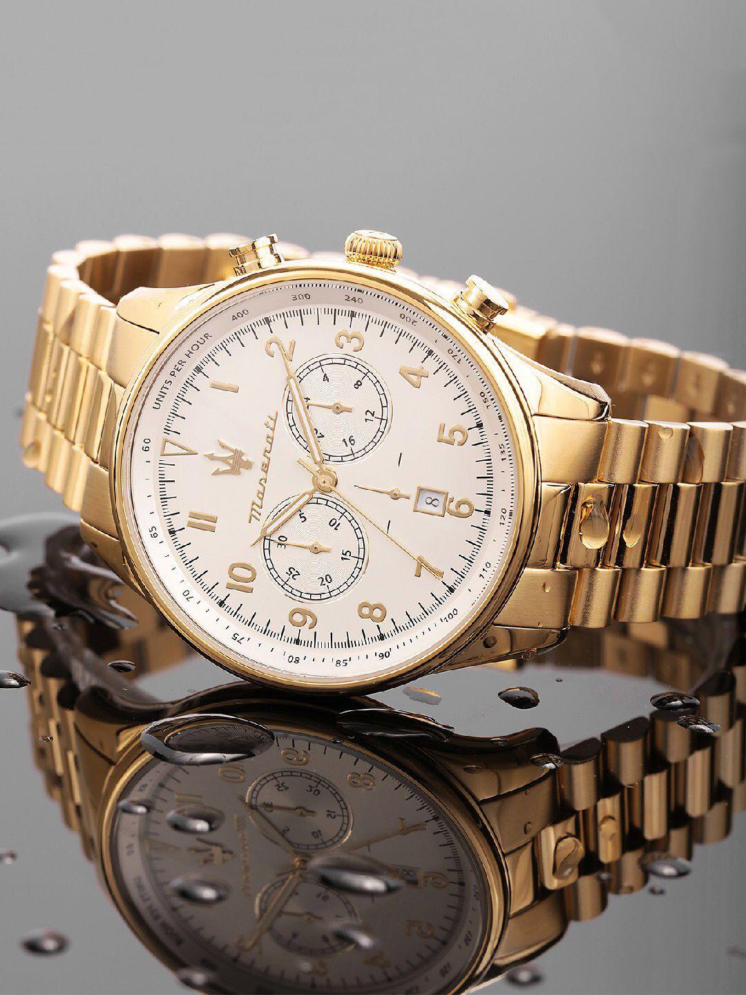 maserati men white embellished dial & gold toned stainless steel bracelet style straps analogue watch