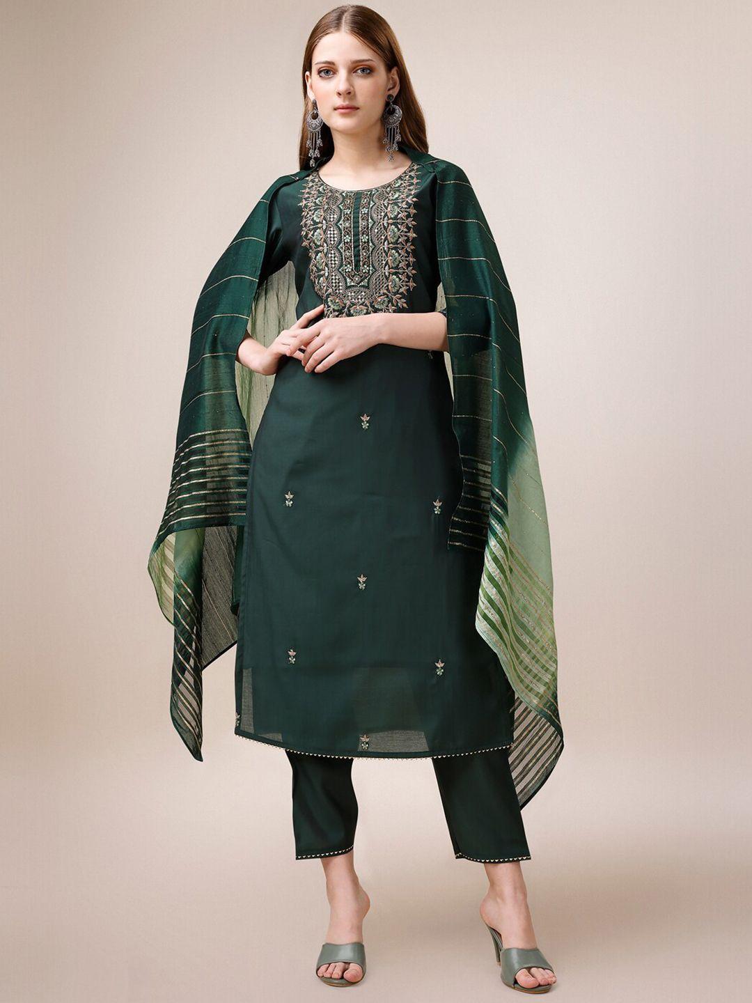 berrylicious yoke design embroidered chanderi cotton kurta with trousers & with dupatta