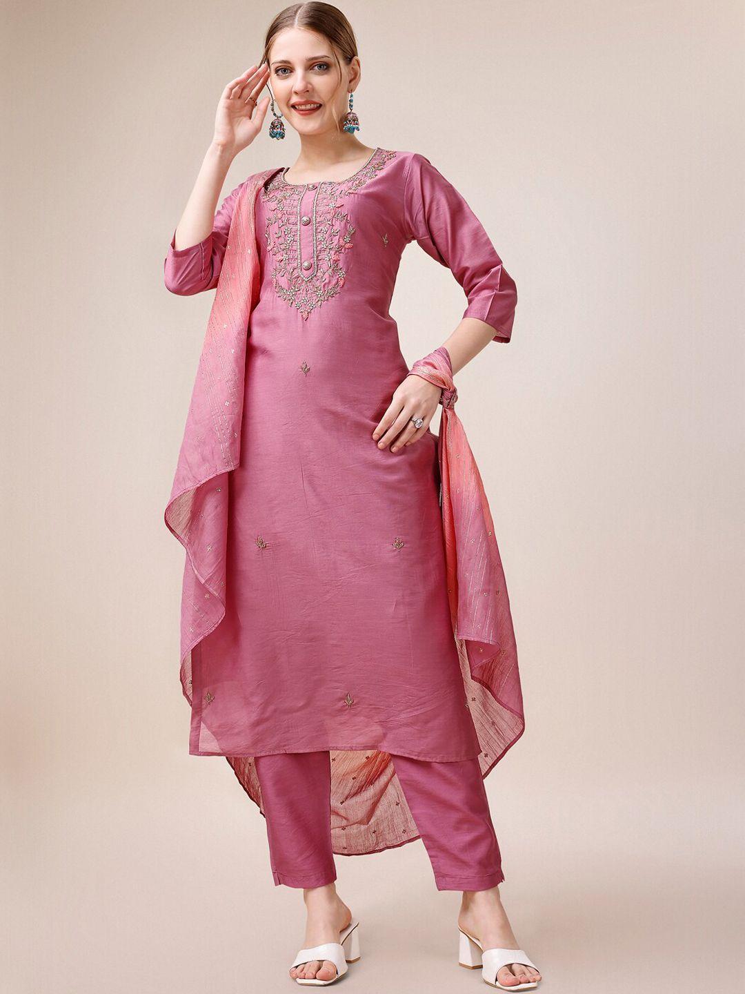 berrylicious yoke design embroidered chanderi cotton kurta with trousers & with dupatta