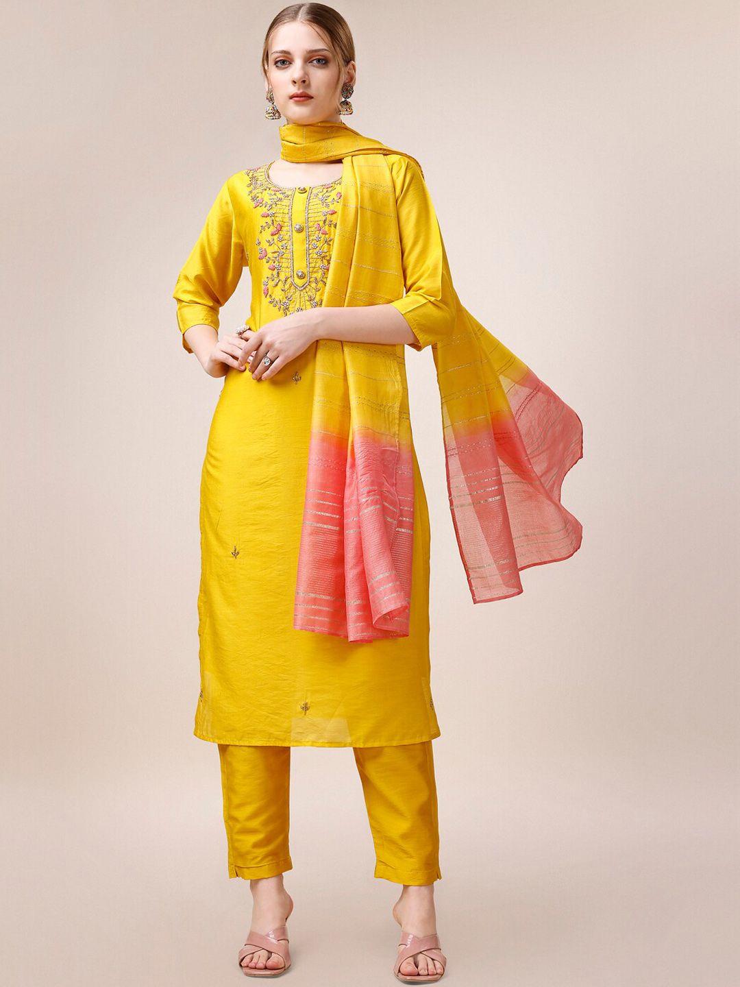 berrylicious yoke design embroidered chanderi cotton kurta with trousers & with dupatta