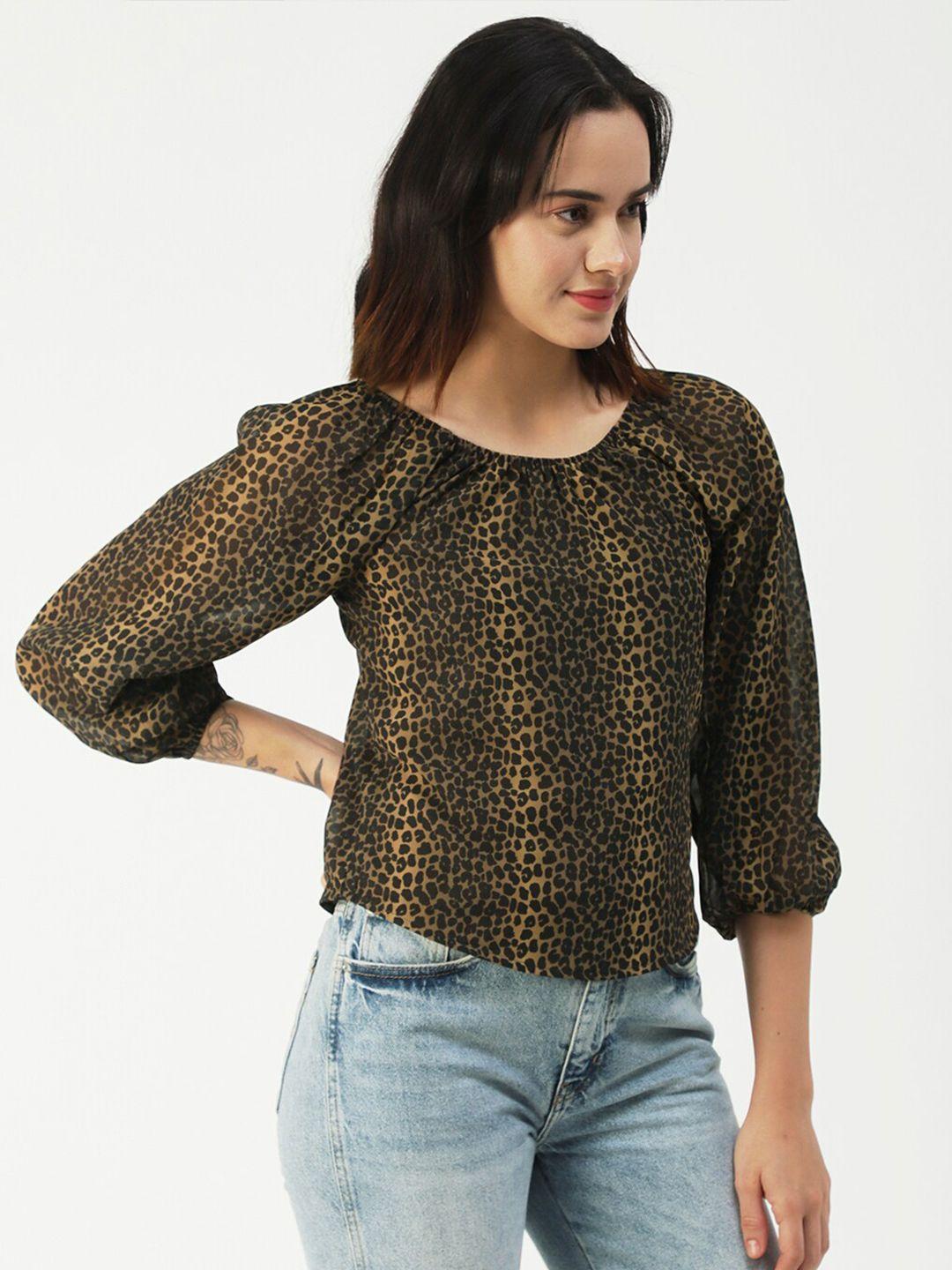 moomaya green animal print puff sleeve georgette top