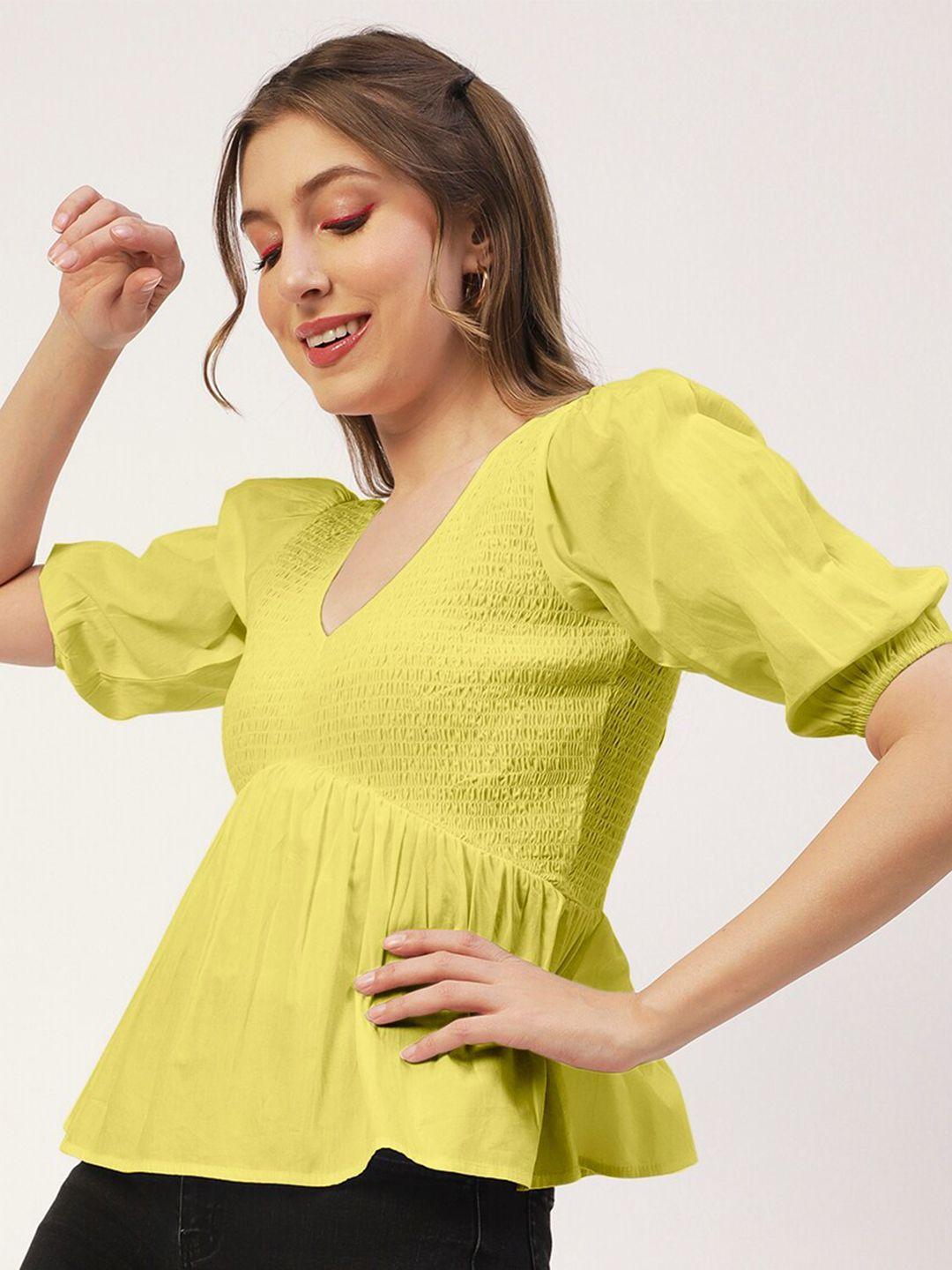 moomaya yellow puff sleeve cotton peplum top