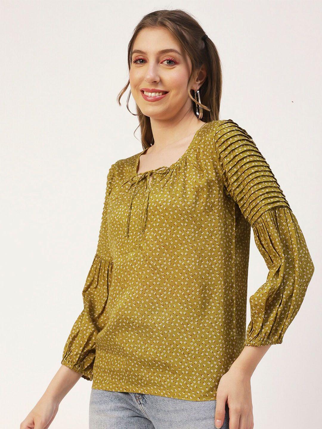 moomaya green geometric print tie-up neck top