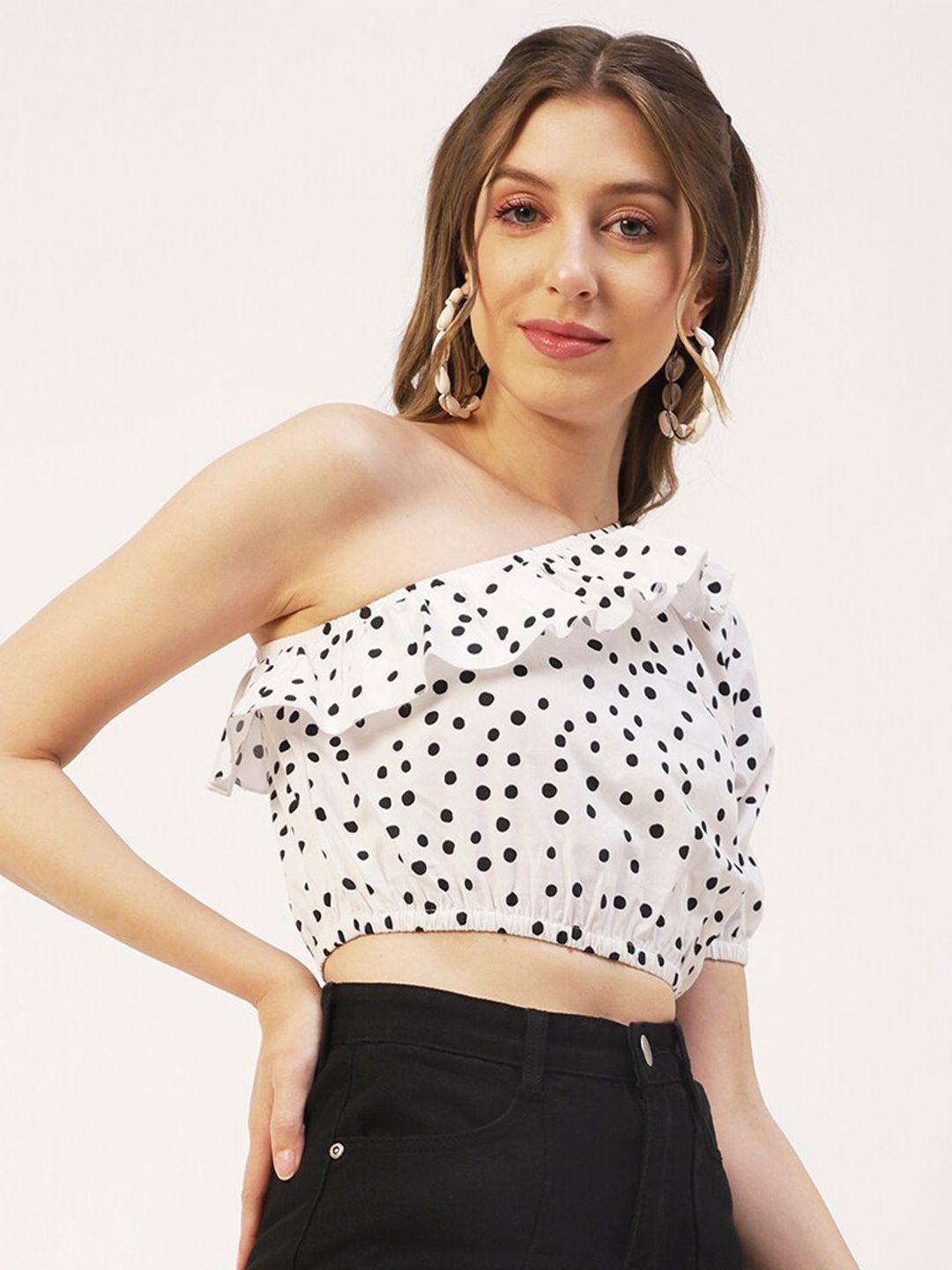 moomaya white polka dot print puff sleeve cotton crop top