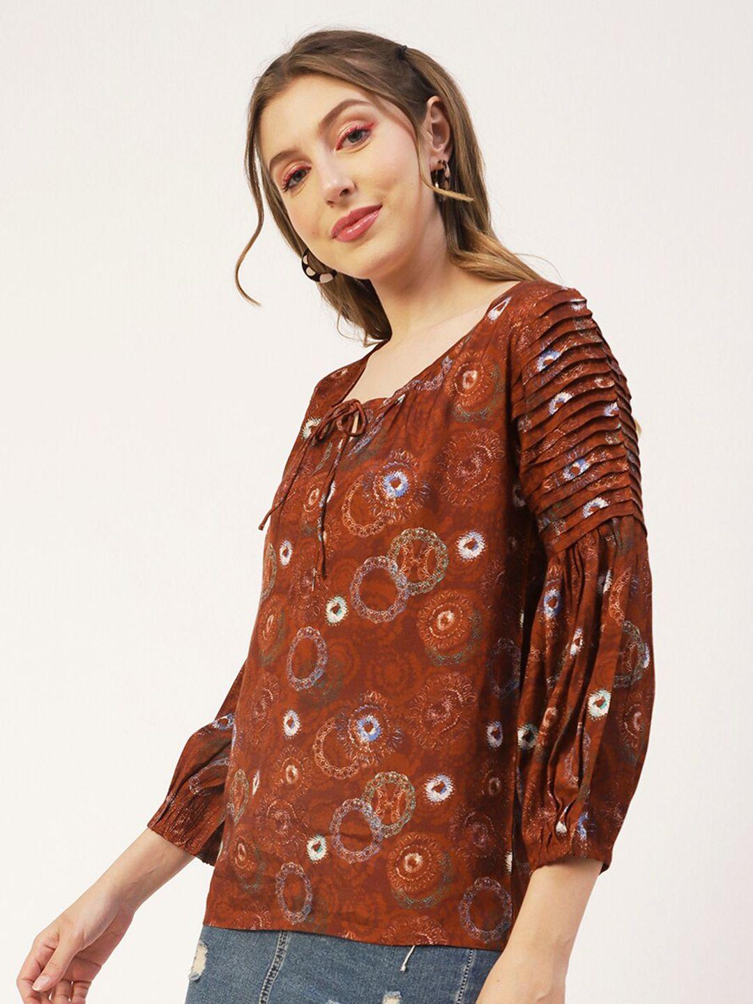 moomaya ethnic motifs printed tie up neck puff sleeves pleated a-line top