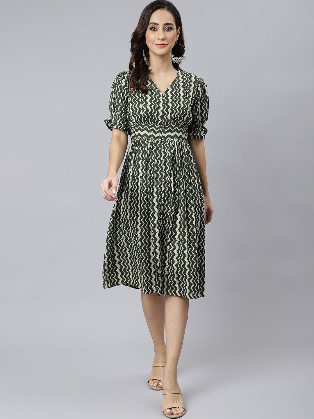 janasya olive chevron printed puff sleeve gathered cotton fit & flare dress