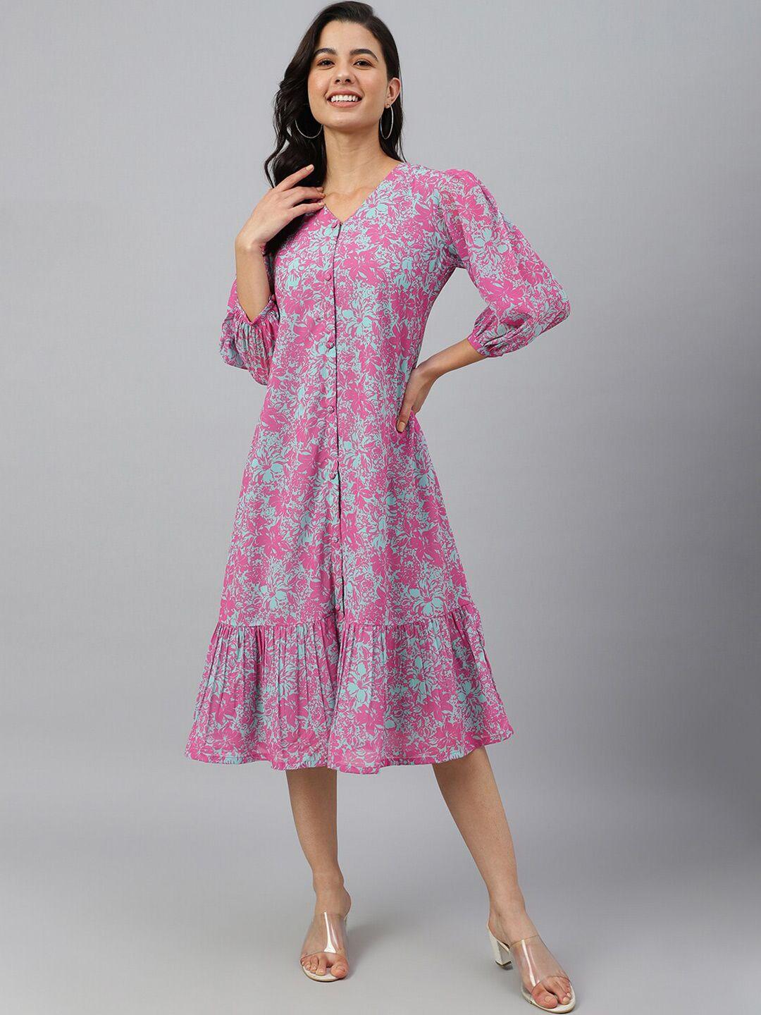 janasya pink floral printed puff sleeve gathered georgette a-line dress