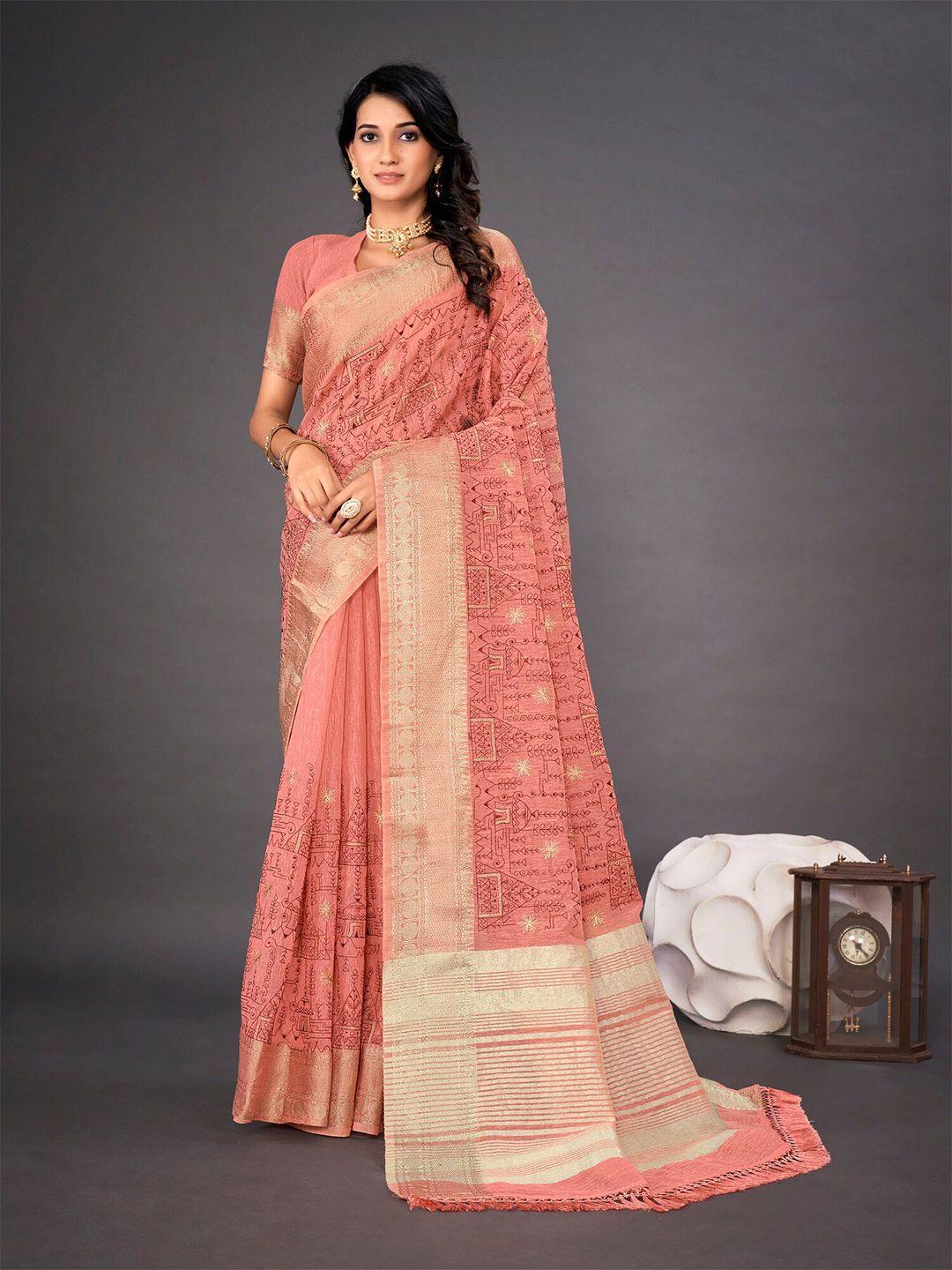 mitera ethnic motifs embroidered linen blend saree