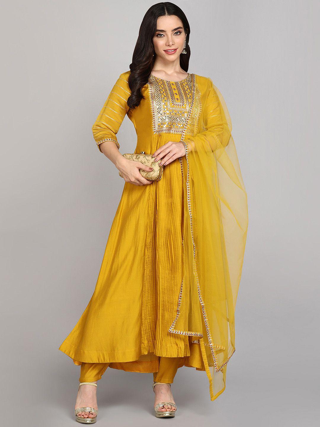 navlik floral yoke design sequinned anarkali chanderi silk kurta & trousers with dupatta